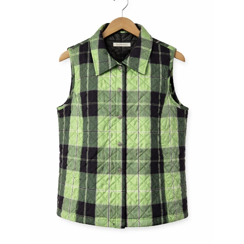 Rebecca Malone Green Black Buffalo Plaid Quilted Snap Front Cottagecore Vest